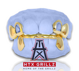 Custom Grillz 6 Bottom Bar w/ Fangz Deep Cuts And 4 Top W/ Open Face Molars And Solid Gold Fangs