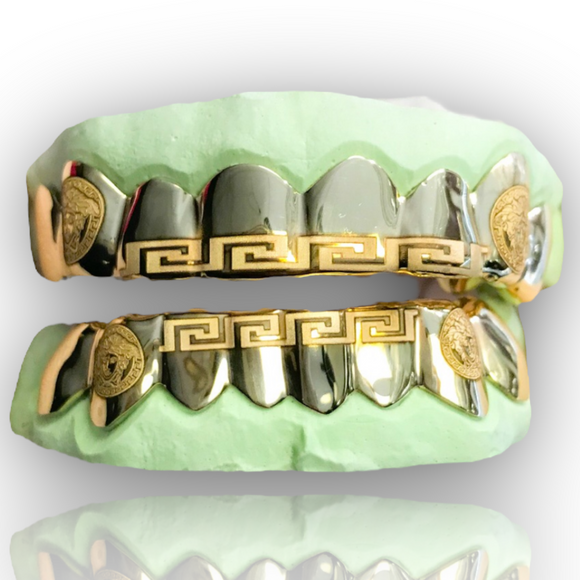 Custom 8 Top & 8 Bottom Medusa Engraved Teeth Solid Gold Grillz