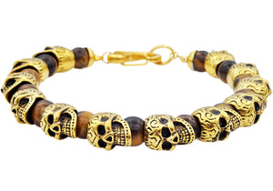 Mens Genuine Tiger Eye Gold Stainless Steel Skull Beaded Bracelet
