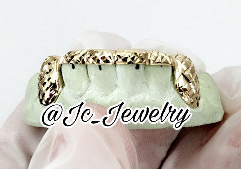 Custom 2 Solid Gold Fangs With Bar At The Front Teeth With Diamond Cuts