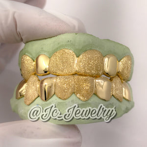 Custom Gold Grillz Diamond Dust And Solid  Style Silver Top & Bottom