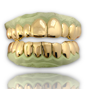 Custom 16 Piece Gold Grillz Silver, 8k Dental Gold, 10k Gold, or 14k Gold Top & Bottom Slugz Perm Style Solid