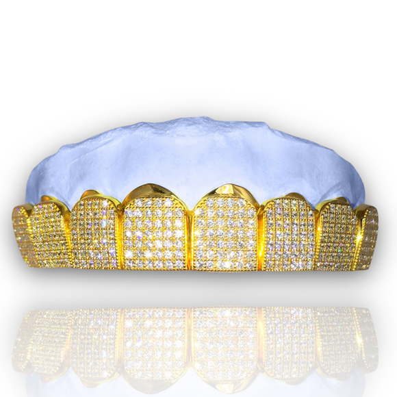 Custom 8 Top & 8 Bottom Iced Out Cz Block Gold Grillz