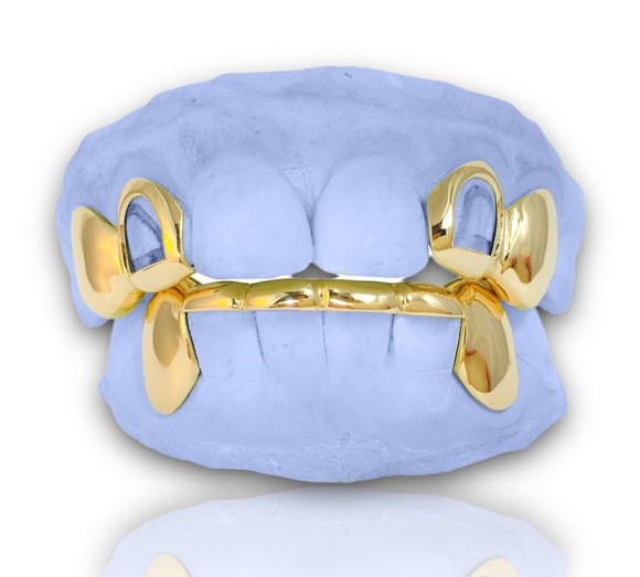 Custom Grillz 6 Bottom Bar w/ Fangz Deep Cuts And 4 Top W/ Open Face Molars And Solid Gold Fangs